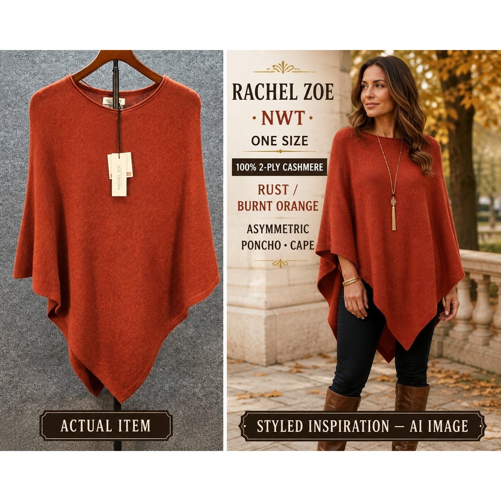Rachel Zoe Poncho Women 100% 2-Ply Cashmere Rust Orange OS NWT Asymmetric Cape